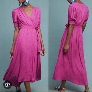 Anthropologie Maeve Breanna Spring Midi Wrap Dress in Magenta